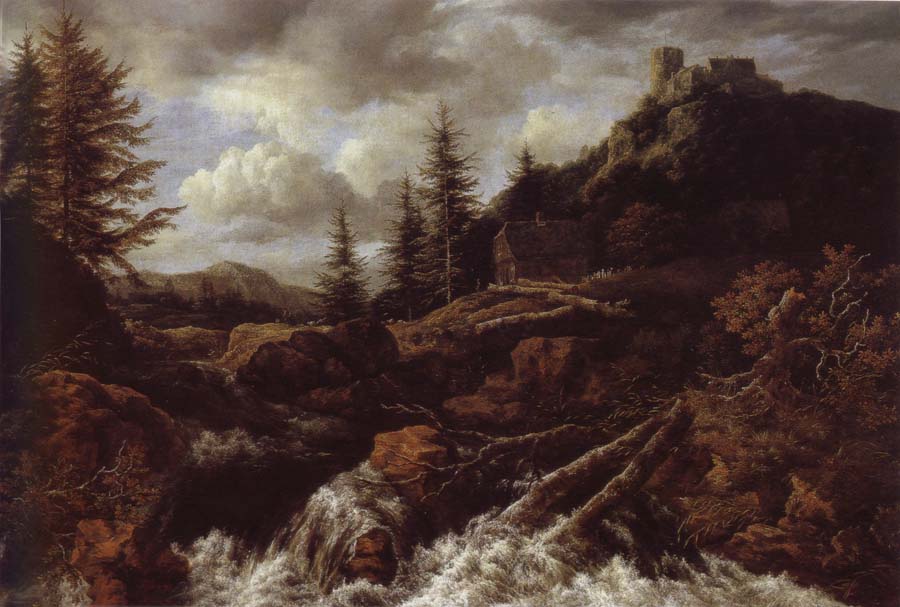 Waterfall in a Mountainous Landscape with a Ruined castle